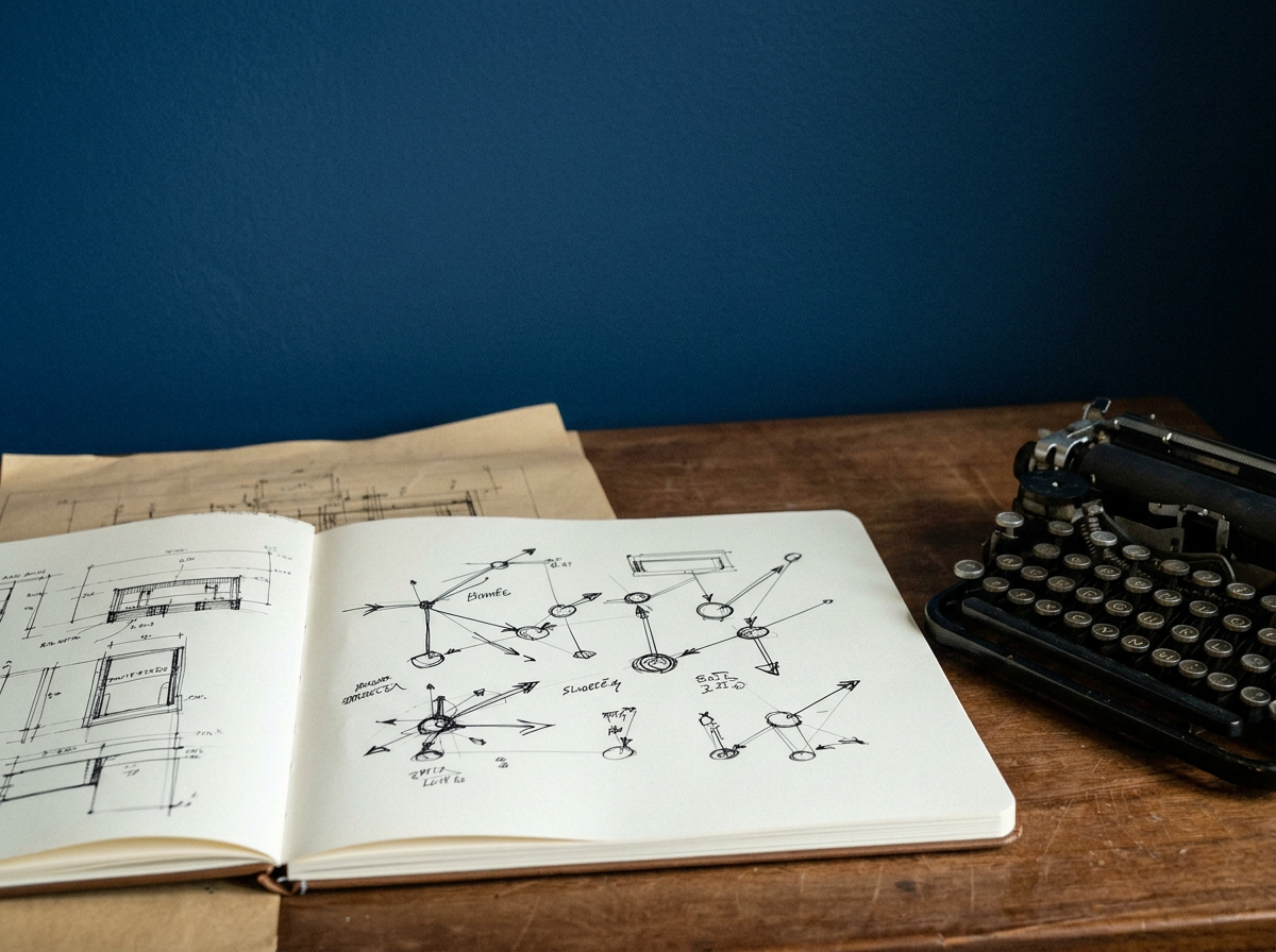 Cuaderno con diagramas de sistema bajo una lámpara latón sobre escritorio de madera